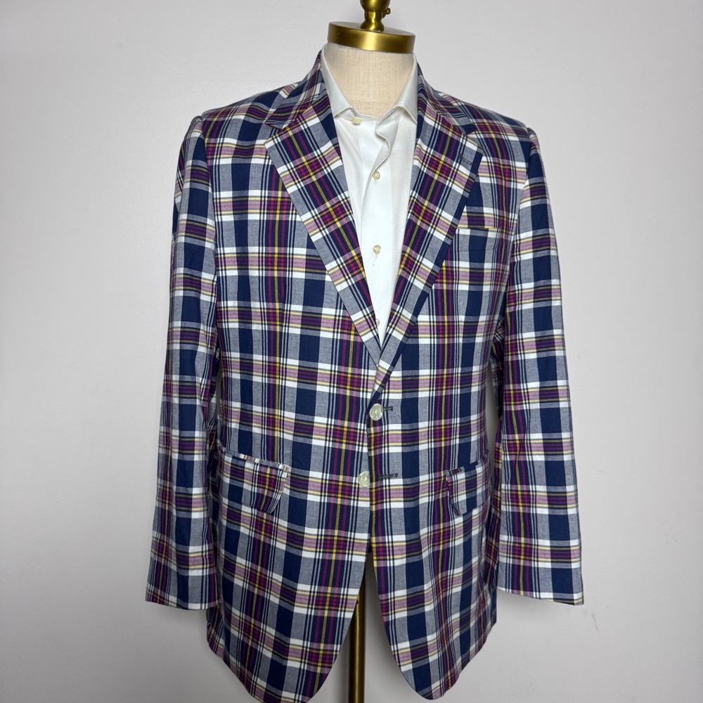 Alan Flusser Blazer Mens 48R (42R) Blue White Plaid Cotton Two Button Sport Coat